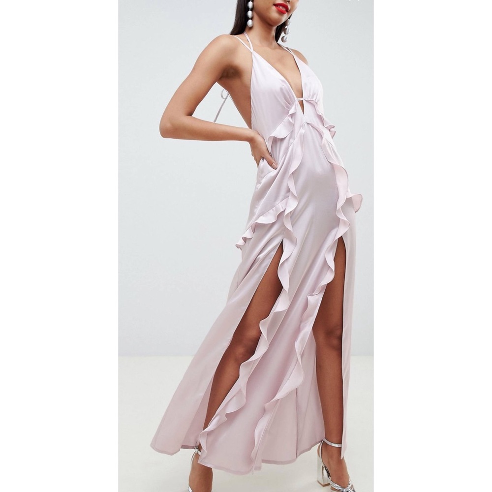 Deep Plunge Ruffle Satin Maxi